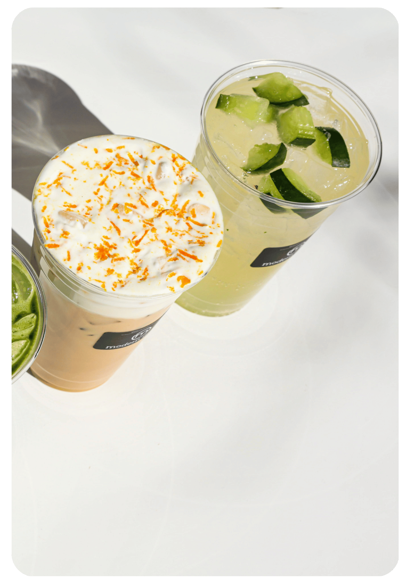 Summer drinks displayed including of coffee and matcha