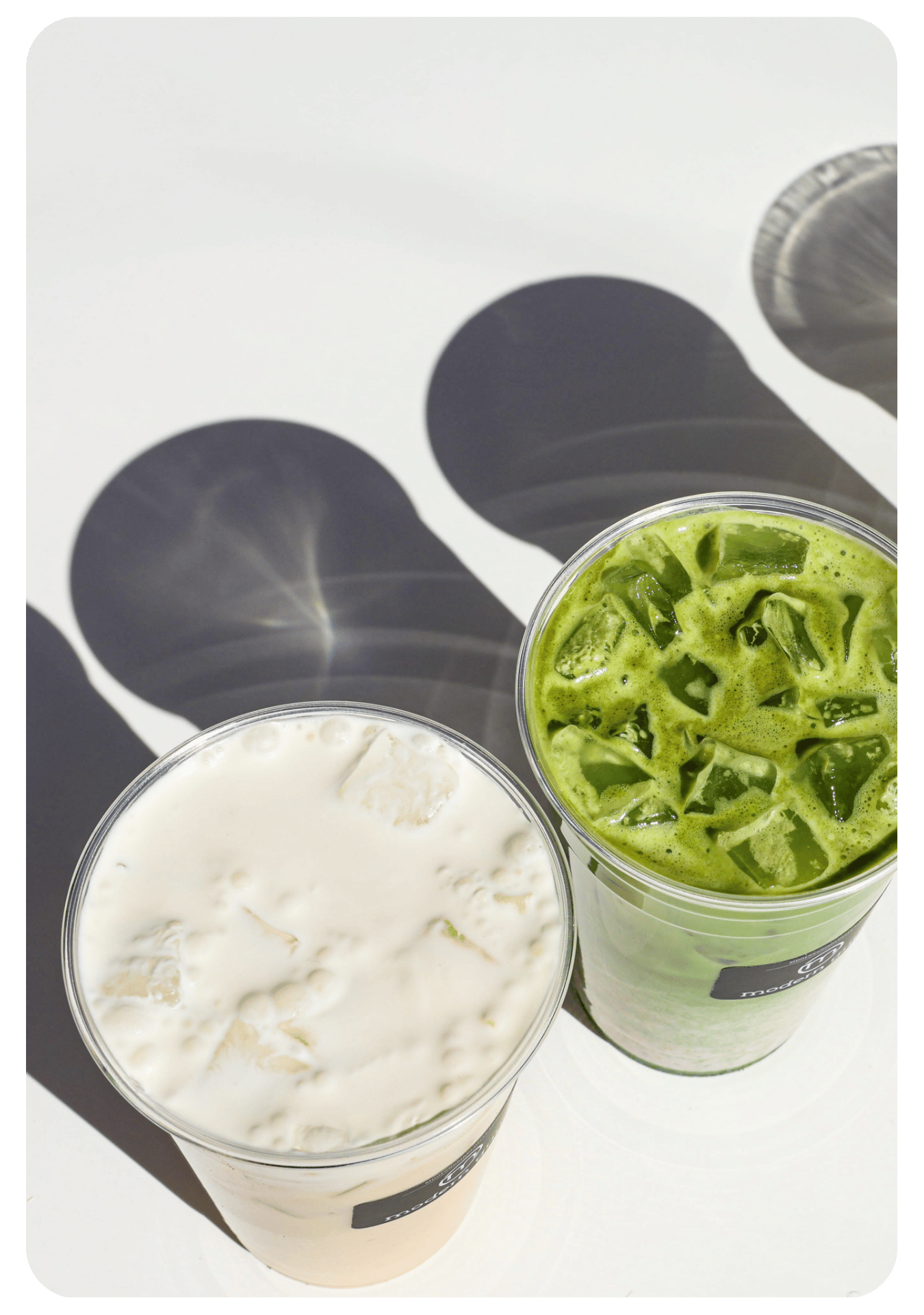 Summer drinks displayed including of coffee and matcha