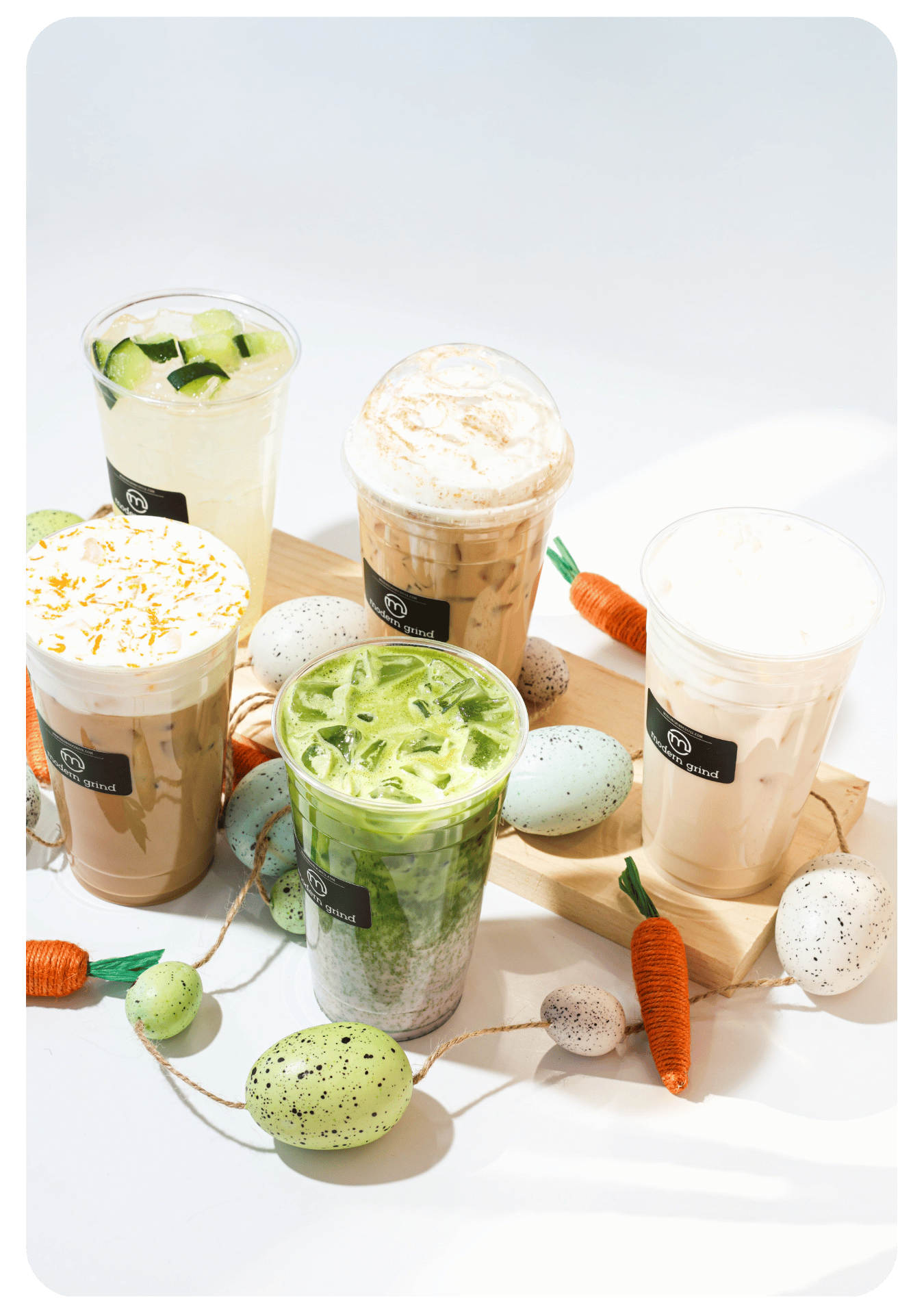 Summer drinks displayed including of coffee and matcha